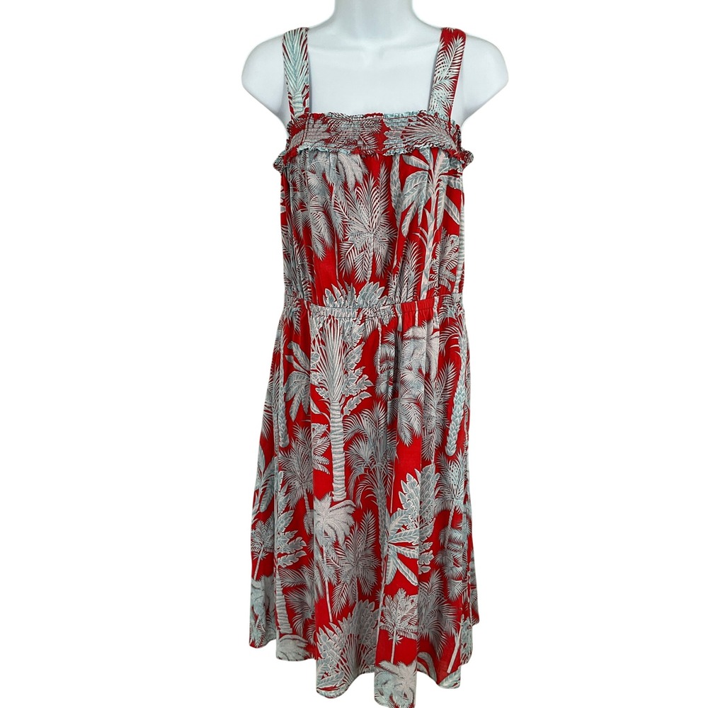 Talbots Sundress Womens 10P Red Cotton Tropical Palm Tree Smocked Coastal Resort